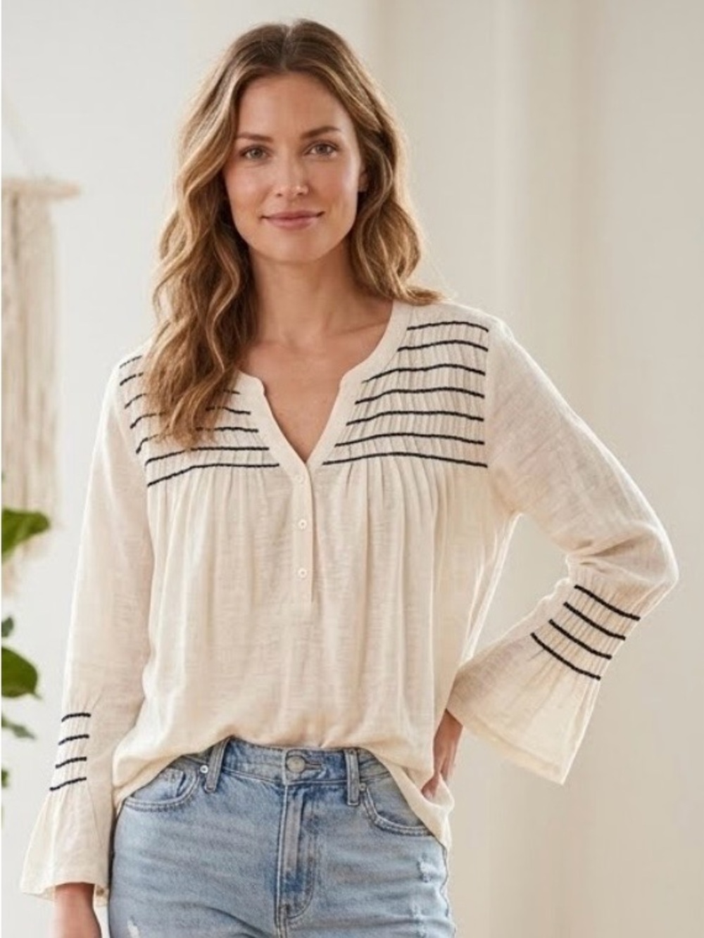 Sundance Linen Striped Cream Women's Top Size L